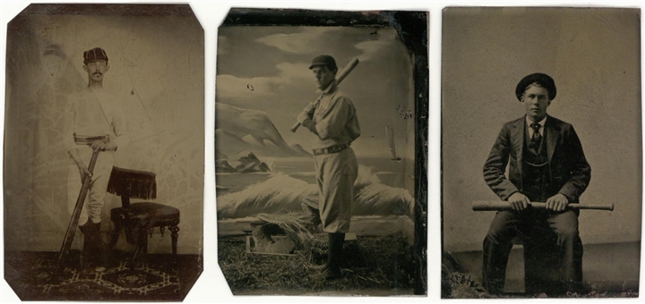 19th Century "Baseball"-Themed Tintype Photo Trio (3 Different) - Players Holding Bats